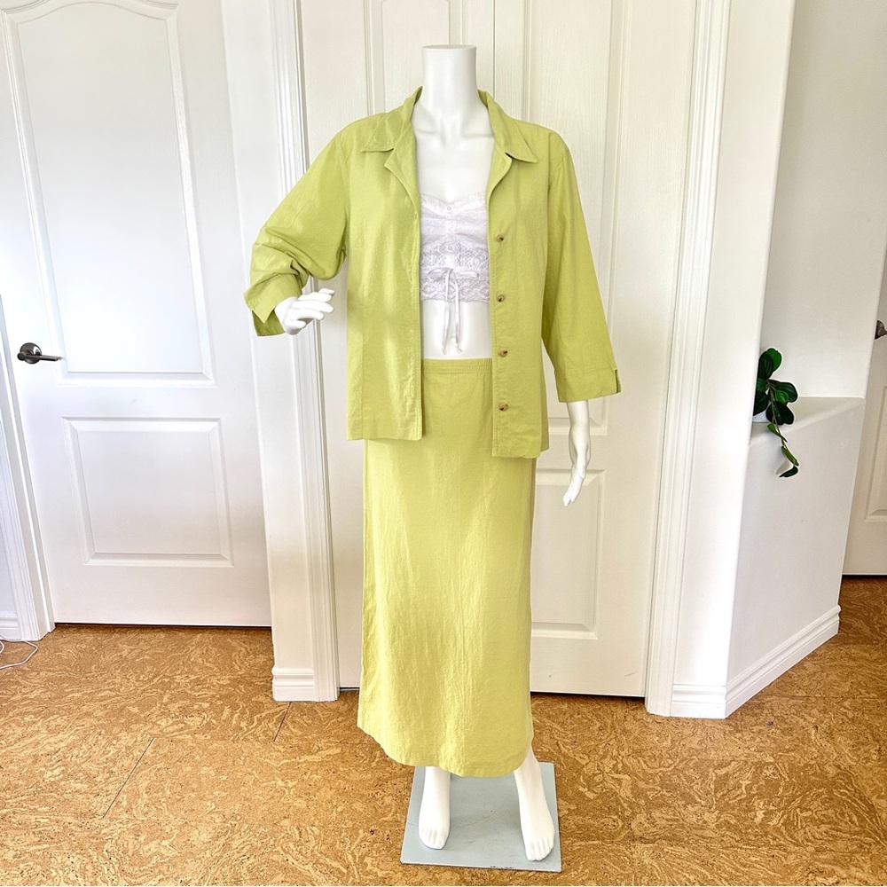 Vintage Chartreuse 2-Piece Maxi Skirt & Button Down Set Y2K (M)